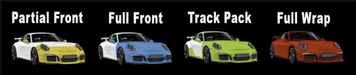 Paint protection film coverage packages showing partial front, full front, track pack, and full vehicle PPF installation options